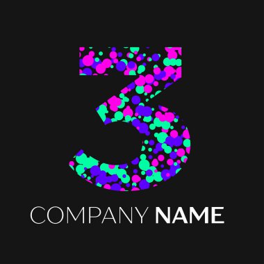 Üç numaralı logosu pembe, mor, yeşil parçacıklar ve kabarcıklar nokta siyah arka plan ile. Tasarımınız için vektör şablonu