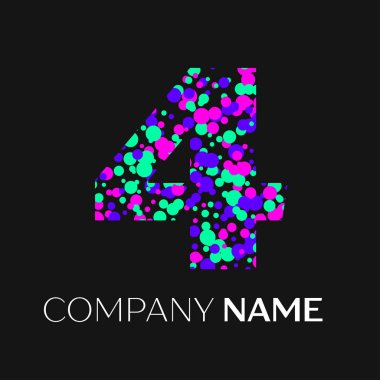 Dört numaralı logosu pembe, mor, yeşil parçacıklar ve kabarcıklar nokta siyah arka plan ile. Tasarımınız için vektör şablonu
