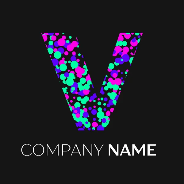 Letter V logo with pink, purple, green particles and bubbles dots on black background. Vector template for your design — Stock Vector