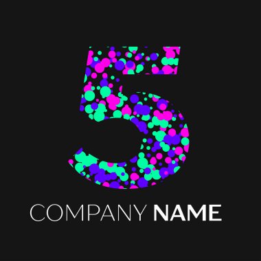 Dört numaralı logosu pembe, mor, yeşil parçacıklar ve kabarcıklar nokta siyah arka plan ile. Tasarımınız için vektör şablonu