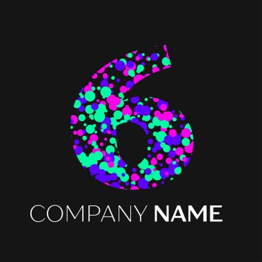 Altı numara logosu pembe, mor, yeşil parçacıklar ve kabarcıklar nokta siyah arka plan ile. Tasarımınız için vektör şablonu