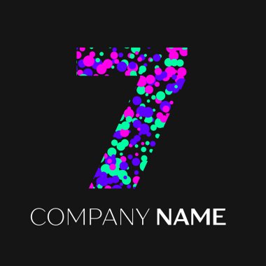 Yedi numara logosu pembe, mor, yeşil parçacıklar ve kabarcıklar nokta siyah arka plan ile. Tasarımınız için vektör şablonu