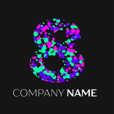 Sekiz numara logosu pembe, mor, yeşil parçacıklar ve kabarcıklar nokta siyah arka plan ile. Tasarımınız için vektör şablonu