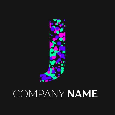 Pembe, mor, yeşil parçacıklar ve kabarcıklar nokta siyah arka plan üzerine harf J logolu. Tasarımınız için vektör şablonu