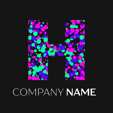 H harfi logosu pembe, mor, yeşil parçacıklar ve kabarcıklar nokta siyah arka plan ile. Tasarımınız için vektör şablonu