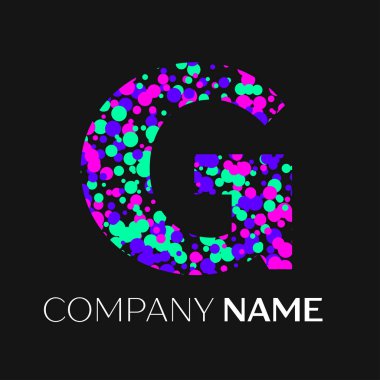 Pembe, mor, yeşil parçacıklar ve kabarcıklar nokta siyah arka plan üzerine mektup G logolu. Tasarımınız için vektör şablonu