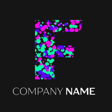 F harfi logosu pembe, mor, yeşil parçacıklar ve kabarcıklar nokta siyah arka plan ile. Tasarımınız için vektör şablonu
