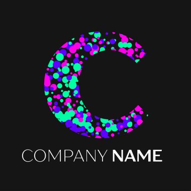 Pembe, mor, yeşil parçacıklar ve kabarcıklar nokta siyah arka plan ile harf C logo. Tasarımınız için vektör şablonu