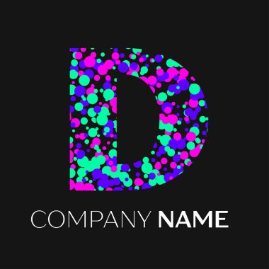 D harfi logosu pembe, mor, yeşil parçacıklar ve kabarcıklar nokta siyah arka plan ile. Tasarımınız için vektör şablonu