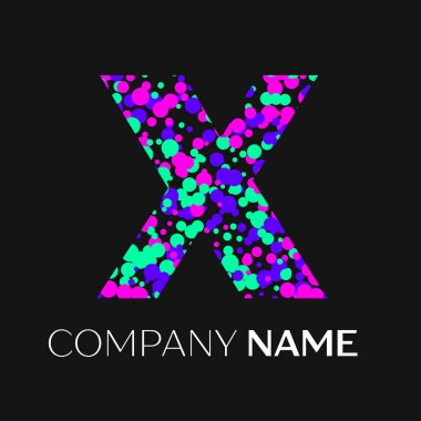 Pembe, mor, yeşil parçacıklar ve kabarcıklar nokta siyah arka plan ile mektup X logo. Tasarımınız için vektör şablonu