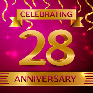 Yirmi sekiz yıl yıldönümü kutlama tasarım. Konfeti ve altın şerit pembe bir arka plan üzerinde. Doğum günü partin için renkli vektör şablon öğeleri. Yıldönümü şerit