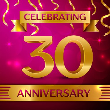 Otuz yıl yıldönümü kutlama tasarım. Konfeti ve altın şerit pembe bir arka plan üzerinde. Doğum günü partin için renkli vektör şablon öğeleri. Yıldönümü şerit