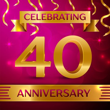 Kırk yıl yıldönümü kutlama tasarım. Konfeti ve altın şerit pembe bir arka plan üzerinde. Doğum günü partin için renkli vektör şablon öğeleri. Yıldönümü şerit