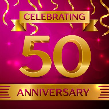 Elli yıl yıldönümü kutlama tasarım. Konfeti ve altın şerit pembe bir arka plan üzerinde. Doğum günü partin için renkli vektör şablon öğeleri. Yıldönümü şerit