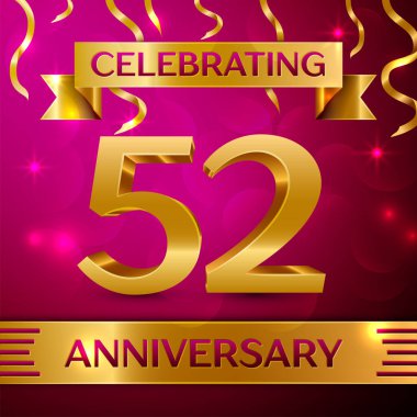 Elli iki yıl yıldönümü kutlama tasarım. Konfeti ve altın şerit pembe bir arka plan üzerinde. Doğum günü partin için renkli vektör şablon öğeleri. Yıldönümü şerit