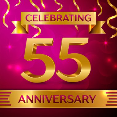 Elli beş yıl yıldönümü kutlama tasarım. Konfeti ve altın şerit pembe bir arka plan üzerinde. Doğum günü partin için renkli vektör şablon öğeleri. Yıldönümü şerit