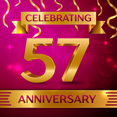 Elli yedi yıl yıldönümü kutlama tasarım. Konfeti ve altın şerit pembe bir arka plan üzerinde. Doğum günü partin için renkli vektör şablon öğeleri. Yıldönümü şerit