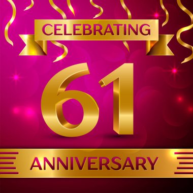 Altmış bir yıl yıldönümü kutlama tasarım. Konfeti ve altın şerit pembe bir arka plan üzerinde. Doğum günü partin için renkli vektör şablon öğeleri. Yıldönümü şerit