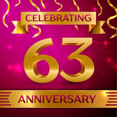 Altmış üç yıl yıldönümü kutlama tasarım. Konfeti ve altın şerit pembe bir arka plan üzerinde. Doğum günü partin için renkli vektör şablon öğeleri. Yıldönümü şerit