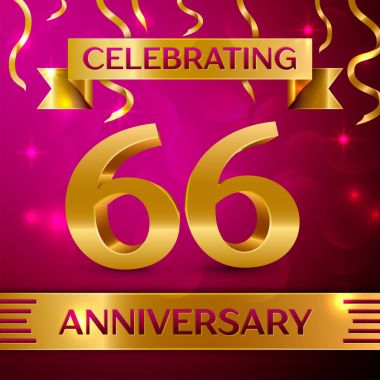 Altmış altı yıl yıldönümü kutlama tasarım. Konfeti ve altın şerit pembe bir arka plan üzerinde. Doğum günü partin için renkli vektör şablon öğeleri. Yıldönümü şerit