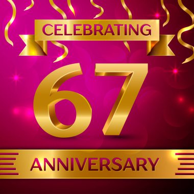 Altmış yedi yıl yıldönümü kutlama tasarım. Konfeti ve altın şerit pembe bir arka plan üzerinde. Doğum günü partin için renkli vektör şablon öğeleri. Yıldönümü şerit