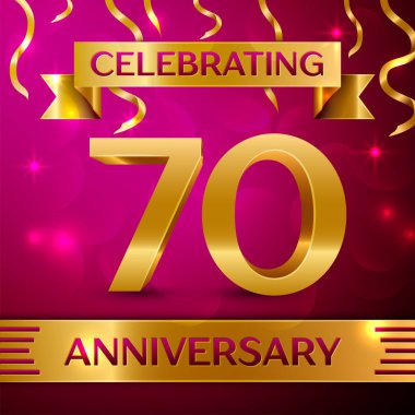 Yetmiş yıl yıldönümü kutlama tasarım. Konfeti ve altın şerit pembe bir arka plan üzerinde. Doğum günü partin için renkli vektör şablon öğeleri. Yıldönümü şerit