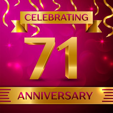 Yetmiş bir yıl yıldönümü kutlama tasarım. Konfeti ve altın şerit pembe bir arka plan üzerinde. Doğum günü partin için renkli vektör şablon öğeleri. Yıldönümü şerit