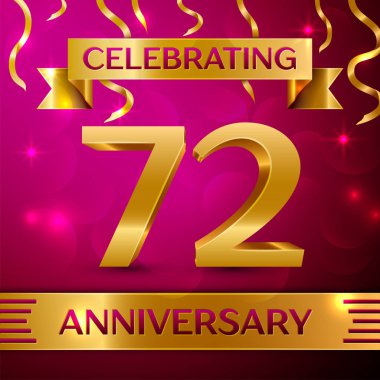 Yetmiş iki yıl yıldönümü kutlama tasarım. Konfeti ve altın şerit pembe bir arka plan üzerinde. Doğum günü partin için renkli vektör şablon öğeleri. Yıldönümü şerit