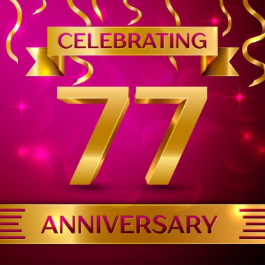 Yetmiş Yedi yıl yıldönümü kutlama tasarım. Konfeti ve altın şerit pembe bir arka plan üzerinde. Doğum günü partin için renkli vektör şablon öğeleri. Yıldönümü şerit