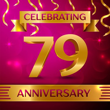 Yetmiş dokuz yıl yıldönümü kutlama tasarım. Konfeti ve altın şerit pembe bir arka plan üzerinde. Doğum günü partin için renkli vektör şablon öğeleri. Yıldönümü şerit