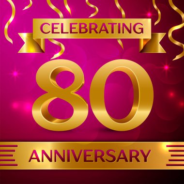 Seksen yıl yıldönümü kutlama tasarım. Konfeti ve altın şerit pembe bir arka plan üzerinde. Doğum günü partin için renkli vektör şablon öğeleri. Yıldönümü şerit