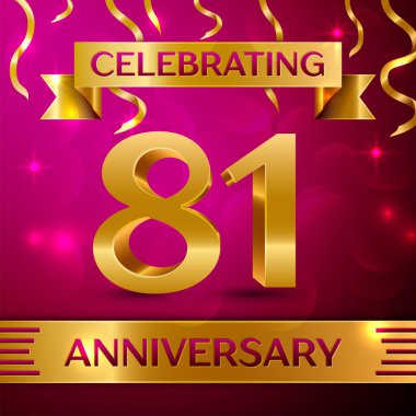 Seksen bir yıl yıldönümü kutlama tasarım. Konfeti ve altın şerit pembe bir arka plan üzerinde. Doğum günü partin için renkli vektör şablon öğeleri. Yıldönümü şerit