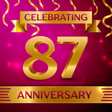 Seksen yedi yıl yıldönümü kutlama tasarım. Konfeti ve altın şerit pembe bir arka plan üzerinde. Doğum günü partin için renkli vektör şablon öğeleri. Yıldönümü şerit