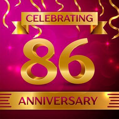 Seksen altı yıl yıldönümü kutlama tasarım. Konfeti ve altın şerit pembe bir arka plan üzerinde. Doğum günü partin için renkli vektör şablon öğeleri. Yıldönümü şerit