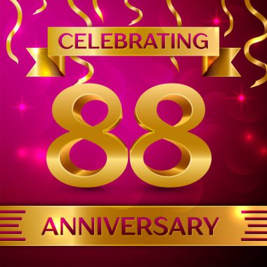 Seksen sekiz yıl yıldönümü kutlama tasarım. Konfeti ve altın şerit pembe bir arka plan üzerinde. Doğum günü partin için renkli vektör şablon öğeleri. Yıldönümü şerit