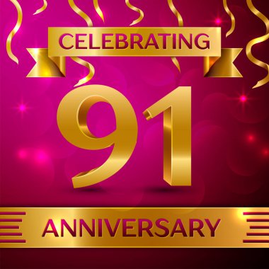 Doksan bir yıl yıldönümü kutlama tasarım. Konfeti ve altın şerit pembe bir arka plan üzerinde. Doğum günü partin için renkli vektör şablon öğeleri. Yıldönümü şerit