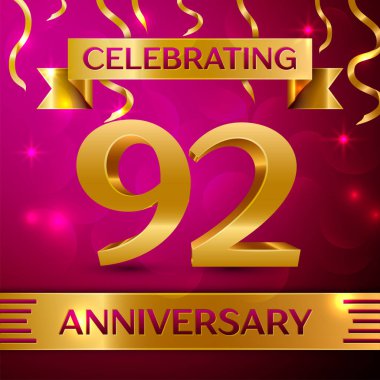 Doksan iki yıl yıldönümü kutlama tasarım. Konfeti ve altın şerit pembe bir arka plan üzerinde. Doğum günü partin için renkli vektör şablon öğeleri. Yıldönümü şerit