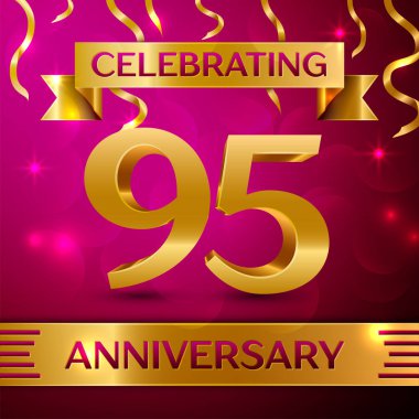 Doksan beş yıl yıldönümü kutlama tasarım. Konfeti ve altın şerit pembe bir arka plan üzerinde. Doğum günü partin için renkli vektör şablon öğeleri. Yıldönümü şerit