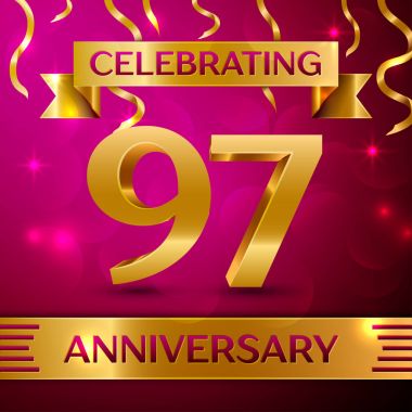 Doksan yedi yıl yıldönümü kutlama tasarım. Konfeti ve altın şerit pembe bir arka plan üzerinde. Doğum günü partin için renkli vektör şablon öğeleri. Yıldönümü şerit