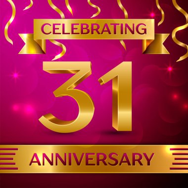 Otuz bir yıl yıldönümü kutlama tasarım. Konfeti ve altın şerit pembe bir arka plan üzerinde. Doğum günü partin için renkli vektör şablon öğeleri. Yıldönümü şerit