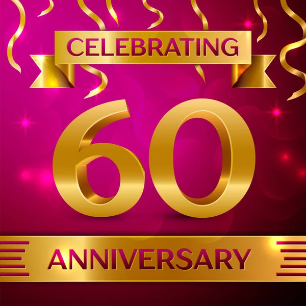 60 年周年記念お祝いデザイン。紙吹雪とピンクの背景に金色のリボン。あなたの誕生日パーティーのためのカラフルなベクトル テンプレート要素。周年記念リボン — ストックベクタ