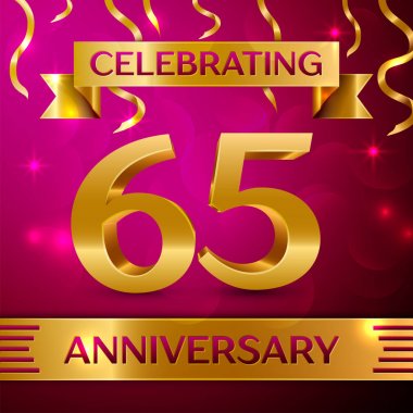 Altmış beş yıl yıldönümü kutlama tasarım. Konfeti ve altın şerit pembe bir arka plan üzerinde. Doğum günü partin için renkli vektör şablon öğeleri. Yıldönümü şerit