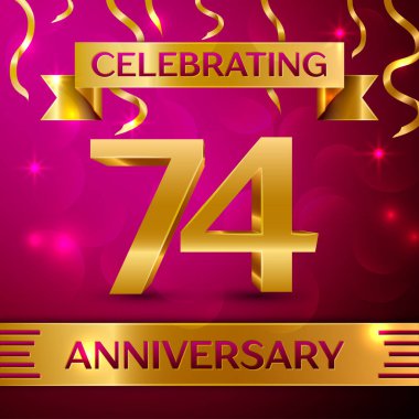 Yetmiş dört yıl yıldönümü kutlama tasarım. Konfeti ve altın şerit pembe bir arka plan üzerinde. Doğum günü partin için renkli vektör şablon öğeleri. Yıldönümü şerit