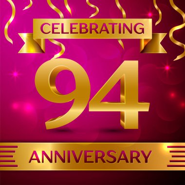 Doksan dört yıl yıldönümü kutlama tasarım. Konfeti ve altın şerit pembe bir arka plan üzerinde. Doğum günü partin için renkli vektör şablon öğeleri. Yıldönümü şerit