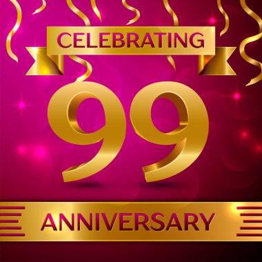 Doksan dokuz yıl yıldönümü kutlama tasarım. Konfeti ve altın şerit pembe bir arka plan üzerinde. Doğum günü partin için renkli vektör şablon öğeleri. Yıldönümü şerit