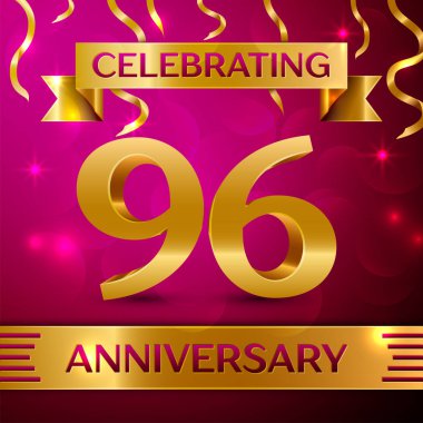 Doksan altı yıl yıldönümü kutlama tasarım. Konfeti ve altın şerit pembe bir arka plan üzerinde. Doğum günü partin için renkli vektör şablon öğeleri. Yıldönümü şerit