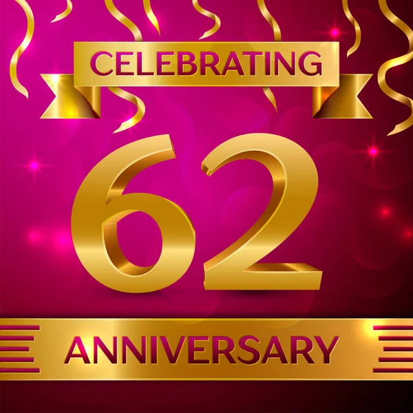 Altmış iki yıl yıldönümü kutlama tasarım. Konfeti ve altın şerit pembe bir arka plan üzerinde. Doğum günü partin için renkli vektör şablon öğeleri. Yıldönümü şerit