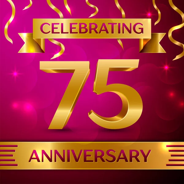 Yetmiş beş yıl yıldönümü kutlama tasarım. Konfeti ve altın şerit pembe bir arka plan üzerinde. Doğum günü partin için renkli vektör şablon öğeleri. Yıldönümü şerit