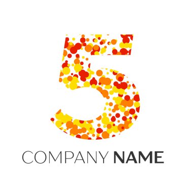 Beş numaralı logo turuncu, sarı, kırmızı parçacıklar ve kabarcıklar noktalar beyaz arka plan ile. Tasarımınız için vektör şablonu