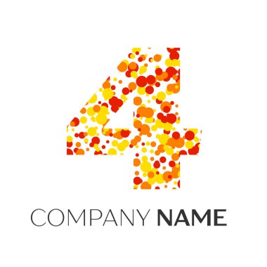 Dört numaralı logo turuncu, sarı, kırmızı parçacıklar ve kabarcıklar noktalar beyaz arka plan ile. Tasarımınız için vektör şablonu